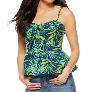 summer top flirty tie front and a flattering peplum hem with leaves print L NWT